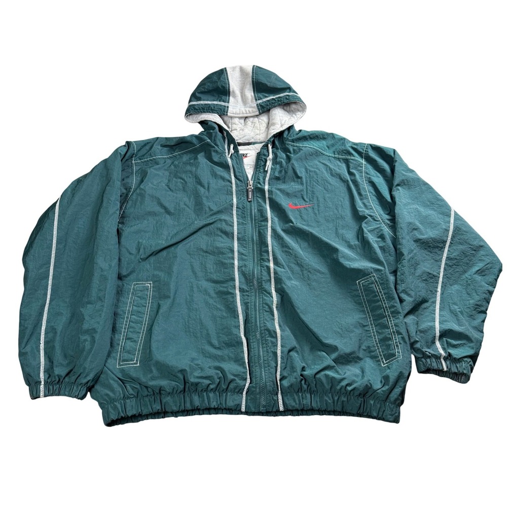 Nike Quilted Jacket Coat Mens XXL Green Hooded Full Zip Vintage Streetwear 90s